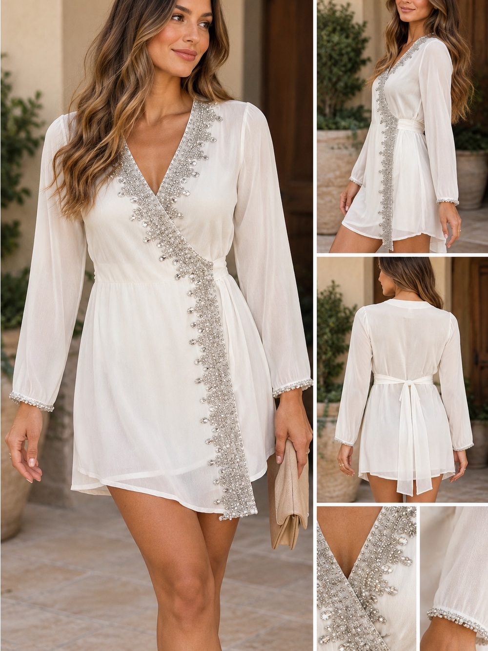 NWT Women’s White V-Neck Beaded Wrap Dress Small